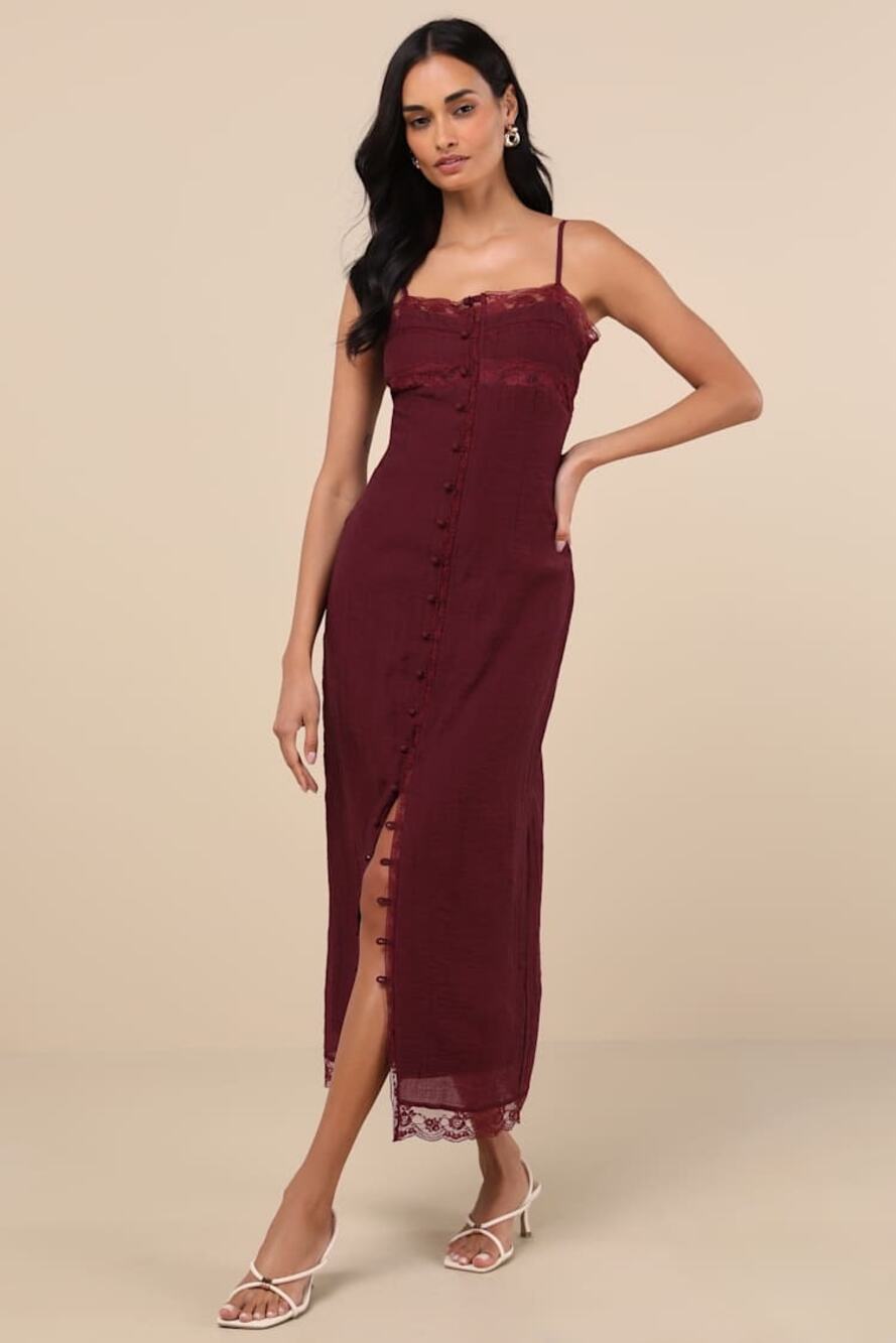 NWT Lulus Veanna Burgundy Textured Lace Button-Front Midi Dress Party Size S